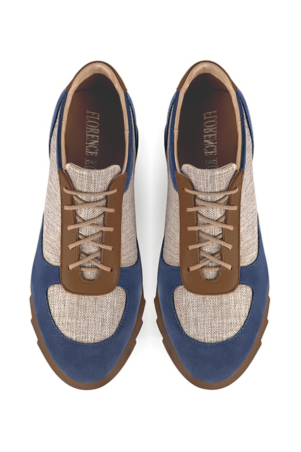 Denim blue, natural beige and caramel brown women's three-tone elegant sneakers. Round toe. Low rubber soles. Top view - Florence KOOIJMAN